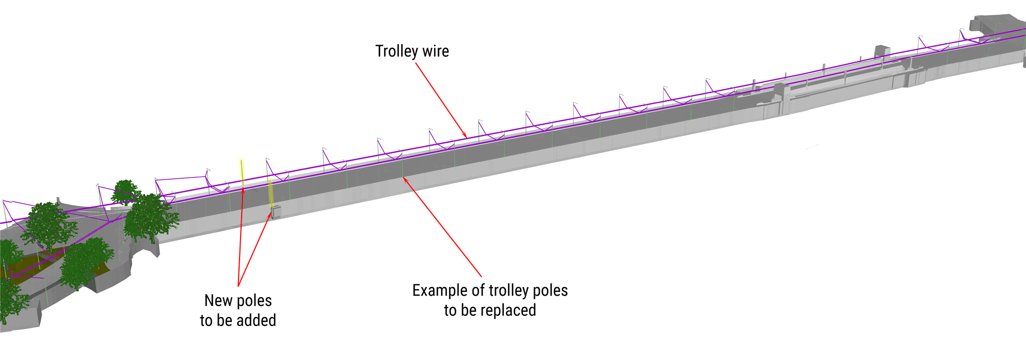 Diagram of the University Bridge with examples of the trolley poles to be replaced and 2 new poles to be added