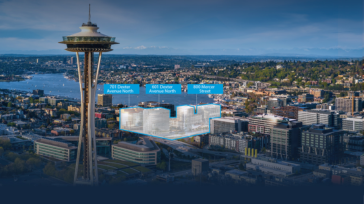 Aerial photo showing the Space Needle with the new South Lake Union life sciences campus including existing and planned buildings at 701 Dexter Avenue North, 601 Dexter Avenue North, 800 Mercer Street and 400 Dexter Avenue North